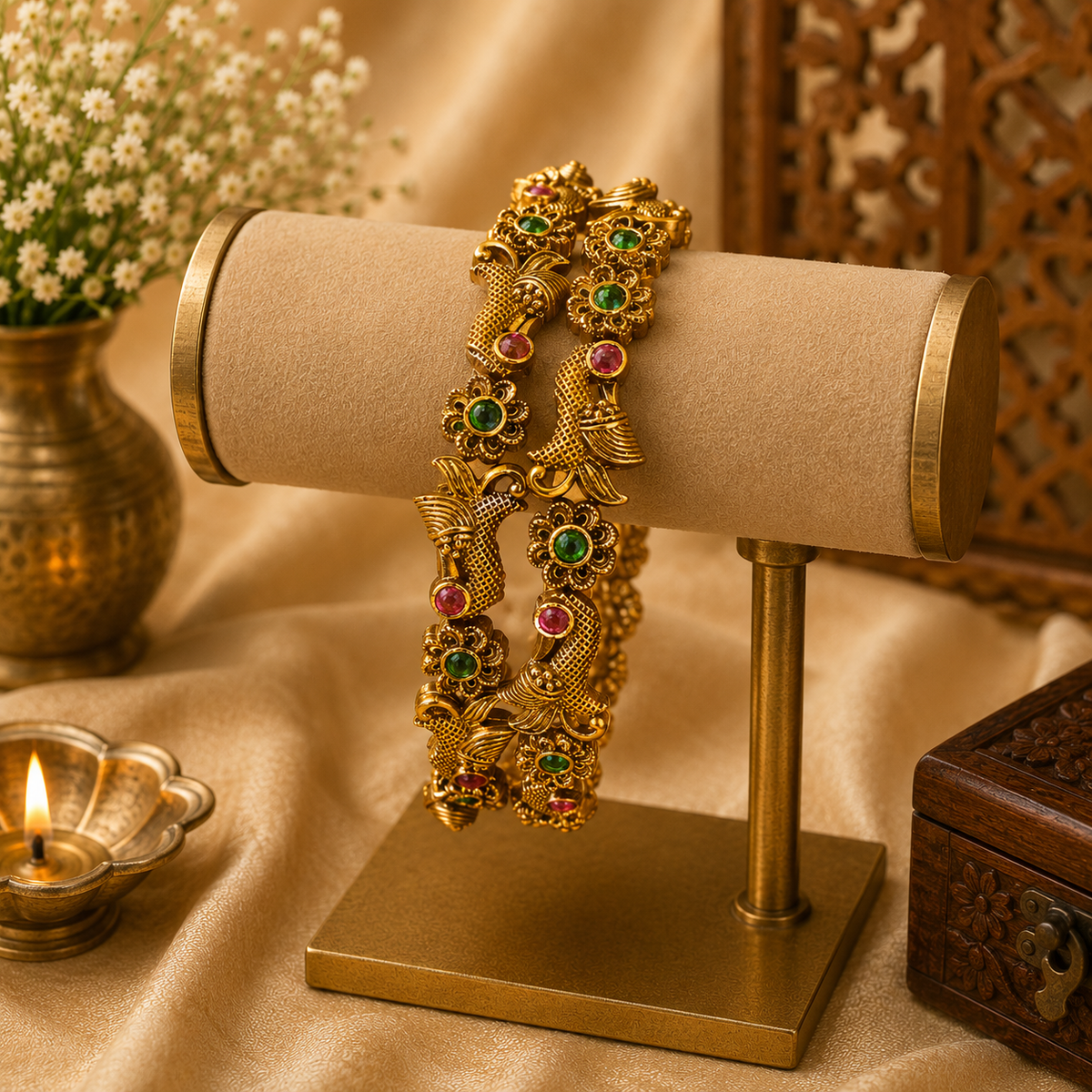 Vidhya Traditional Antique Gold Peacock Bangles with Ruby & Emerald Green Stones