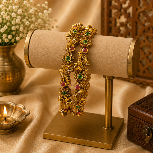Vidhya Traditional Antique Gold Peacock Bangles with Ruby & Emerald Green Stones