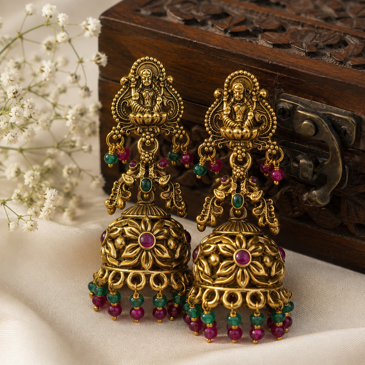 Malini Traditional Lakshmi Antique Gold Jhumka Earrings with Ruby & Emerald Beads