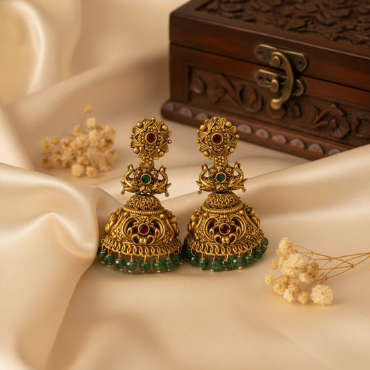 Vani Traditional Antique Gold Temple Jhumka Earrings with Emerald Green Beads