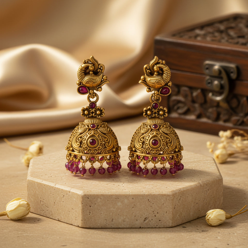 Mohini Antique Gold Peacock Jhumka Earrings with Ruby Pink Beads