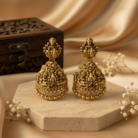 Manika Traditional Antique Gold Lakshmi Jhumka Earrings with Ruby Stones