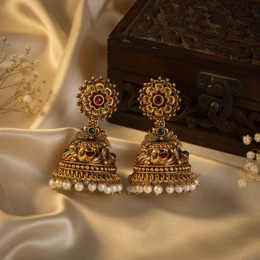 Vedhika Traditional Antique Gold Peacock Jhumka Earrings with Ruby, Emerald & Pearl Drops