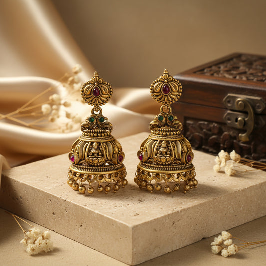 Vaishnavi Antique Gold Lakshmi Temple Jhumka Earrings with Ruby & Emerald Stones