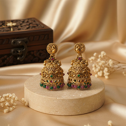 Heshna Traditional Antique Gold Peacock Jhumka Earrings with Ruby & Emerald Beads