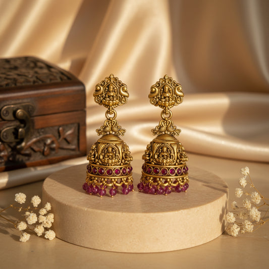 Samshrutha Traditional Antique Gold Lakshmi Temple Jhumka Earrings with Ruby Beads